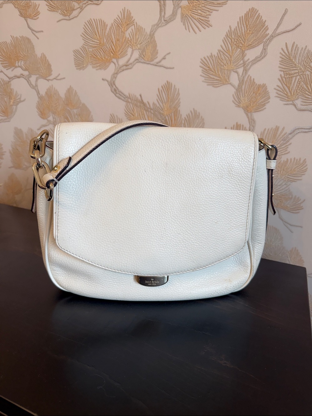 Kate Spade White Pebbled Leather Flap Crossbody with Gold Hardware